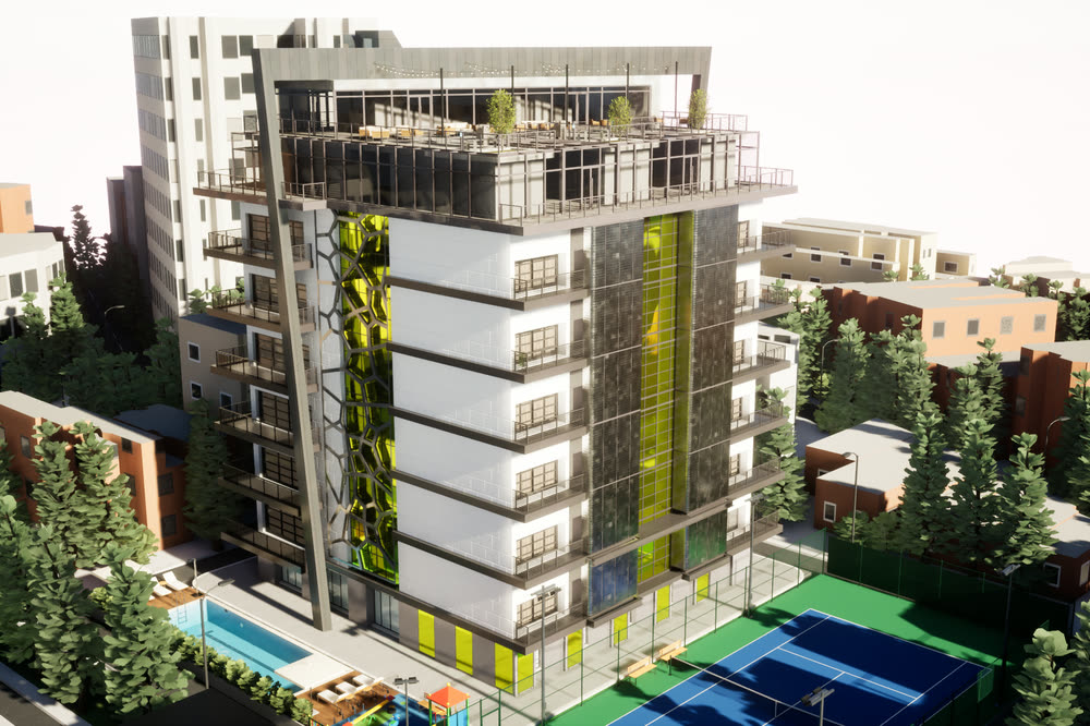 Daytime aerial view of the sample tower: a white residential block with green glass panels and a rooftop terrace, a lap pool and a blue tennis court at its base, among city buildings and trees.