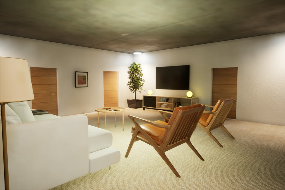 Living room in the Soft neutral set: a white sofa, two wooden armchairs, a round coffee table, a wall-mounted TV, two warm table lamps and a floor lamp.
