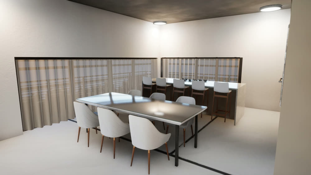 Kitchen and dining room before the switch: the Classic white kitchen behind the Steel & white dining table and white chairs.