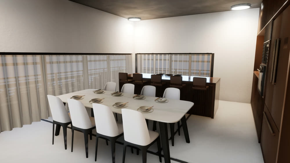 After the switch: the Dark walnut kitchen behind the Marble & ivory dining table and ivory chairs.