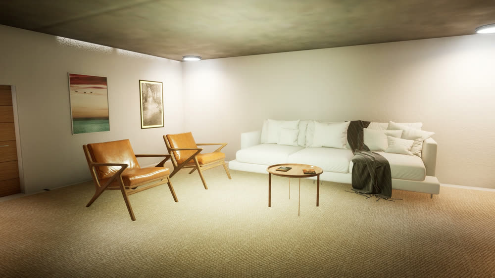 Living room in the Soft neutral set: a white sofa, light wooden armchairs and a round side table.