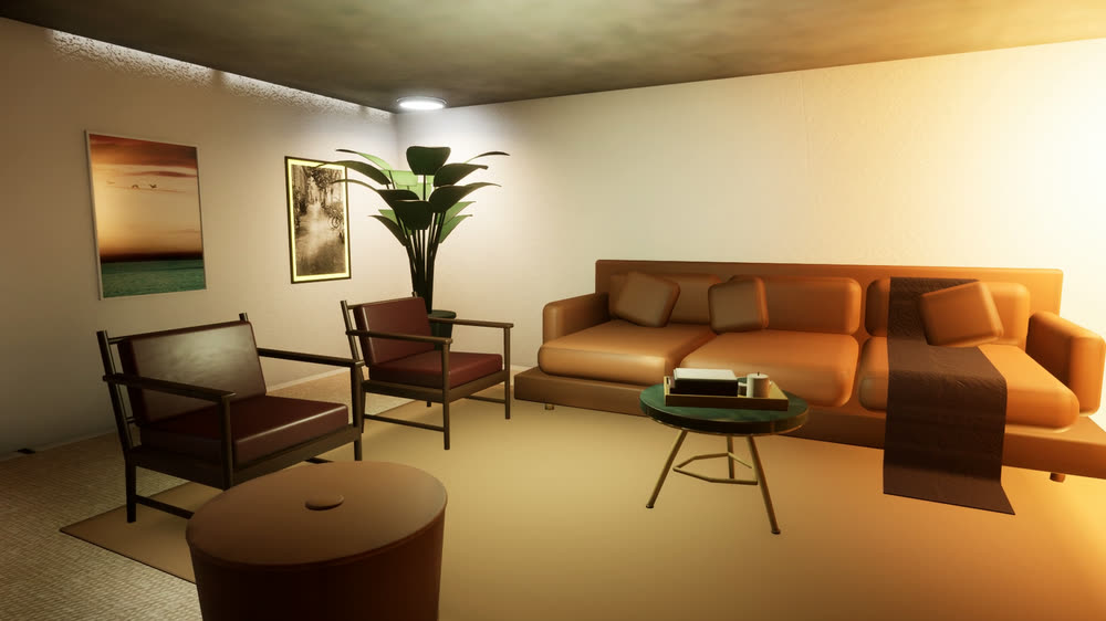 The same living room in the Warm jewel set: a tan leather sofa with cushions, dark armchairs, a round pouf, a rug and a tall plant.