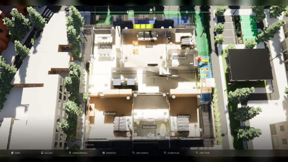 Top-down floor plan of the apartment, with labels for the kitchen, hall, bedrooms, bathrooms and balconies.